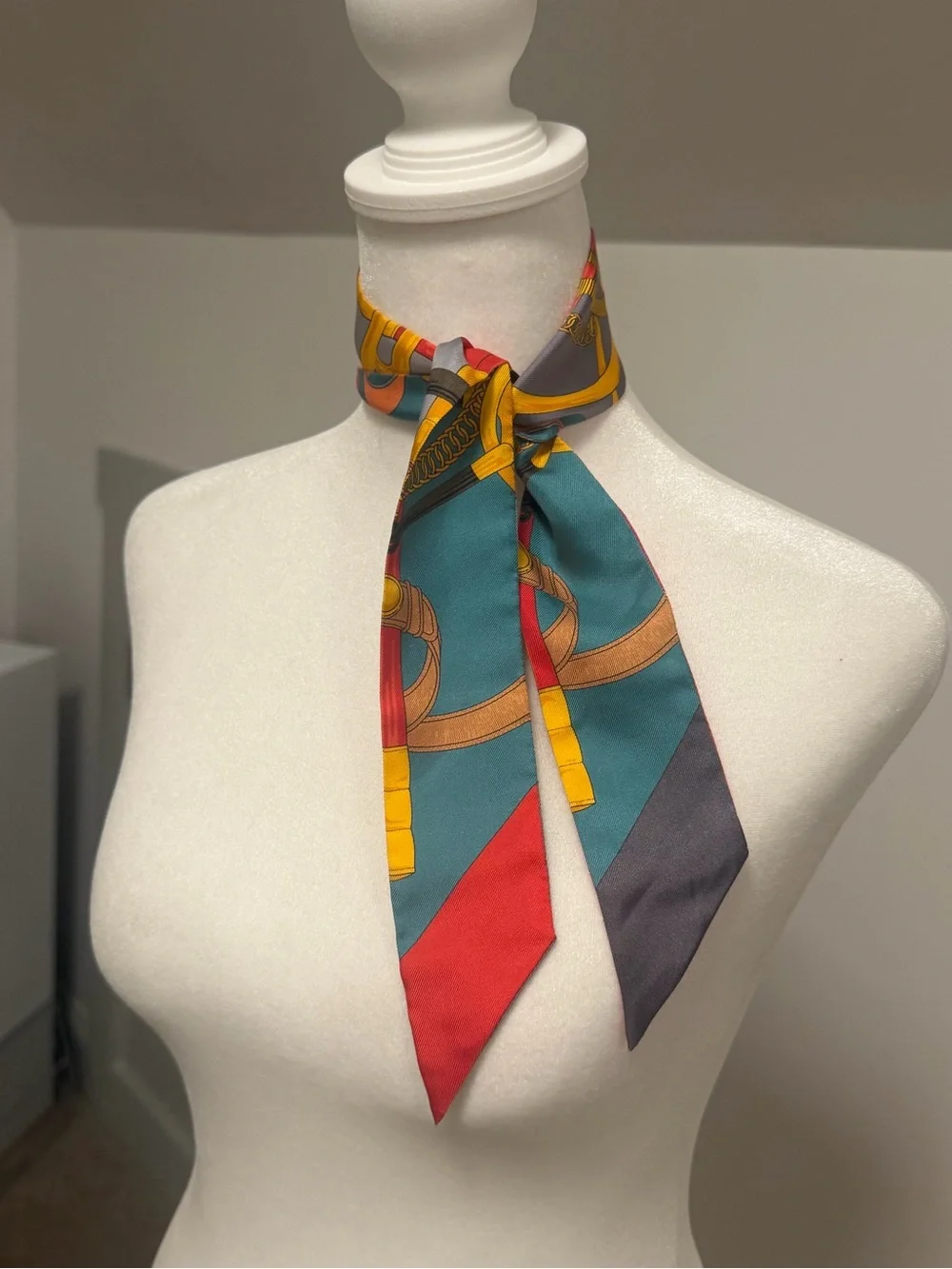 Hermes Grand Apparat Twilly Silk Scarf Teal Red Grey Equestrian